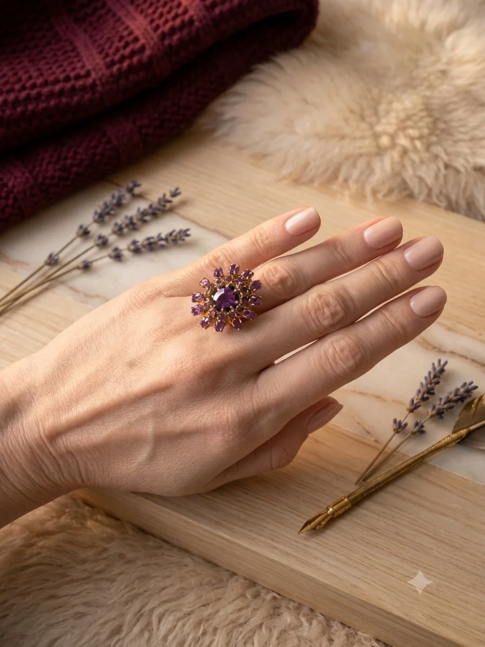 Gold Purple Cluster Cocktail Ring - Women Jewelry